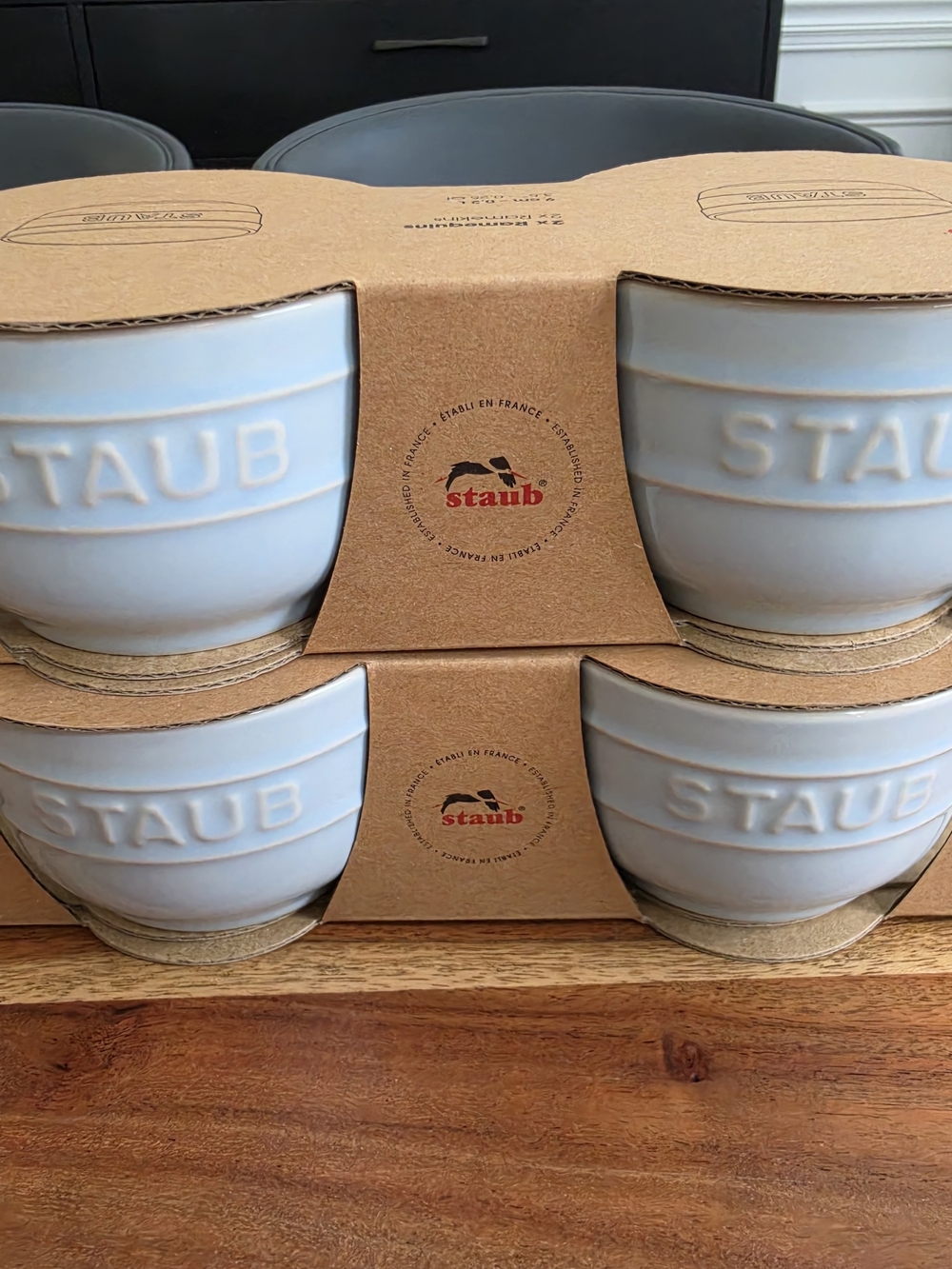 Staub Light Blue Ceramic Ramekins Set of 4 - Embossed Logo -NIB